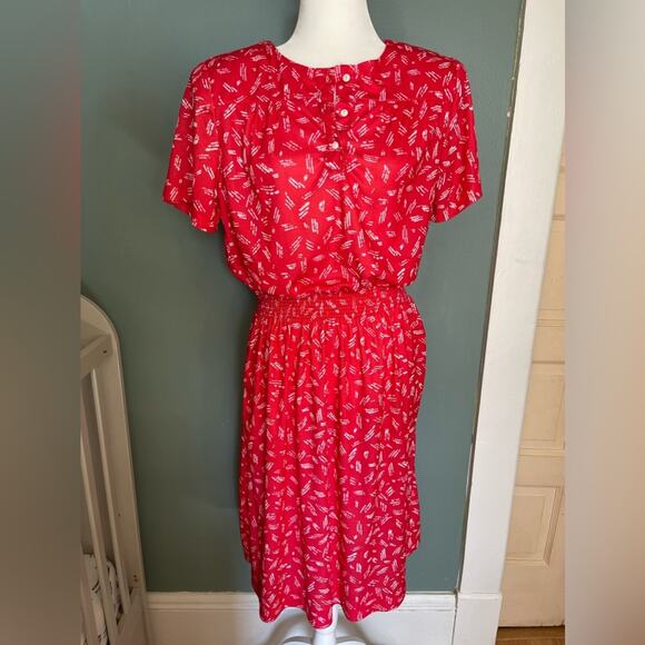 VINTAGE 80s red patterned dress - Picture 4 of 6